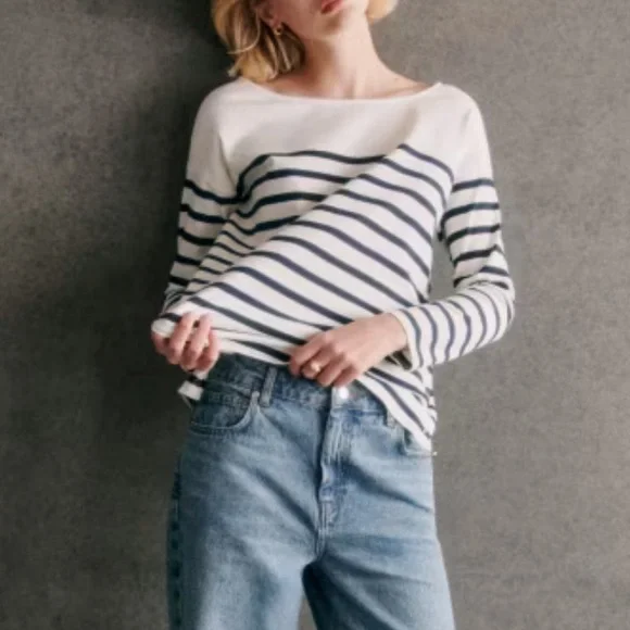 Sezane Navy and Cream Striped Long-Sleeve Button-Side Top - Picture 7 of 16